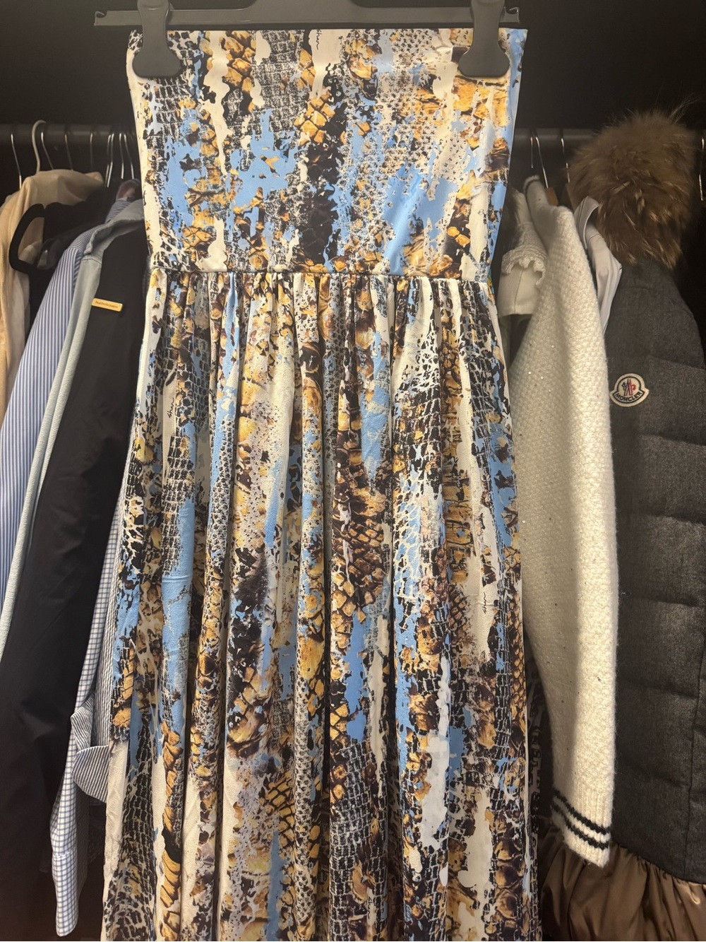 Blue & Brown Patterned Strapless maxi Dress